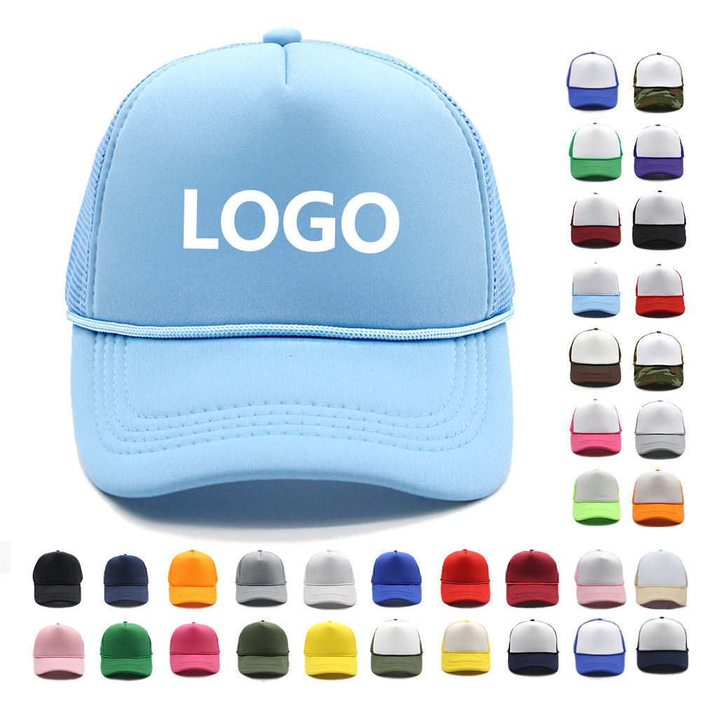 Factory OEM High Quality 5-Panel Sublimation Print Custom Logo Hats Foam Trucker hat with Rope Blank Trucker Cap