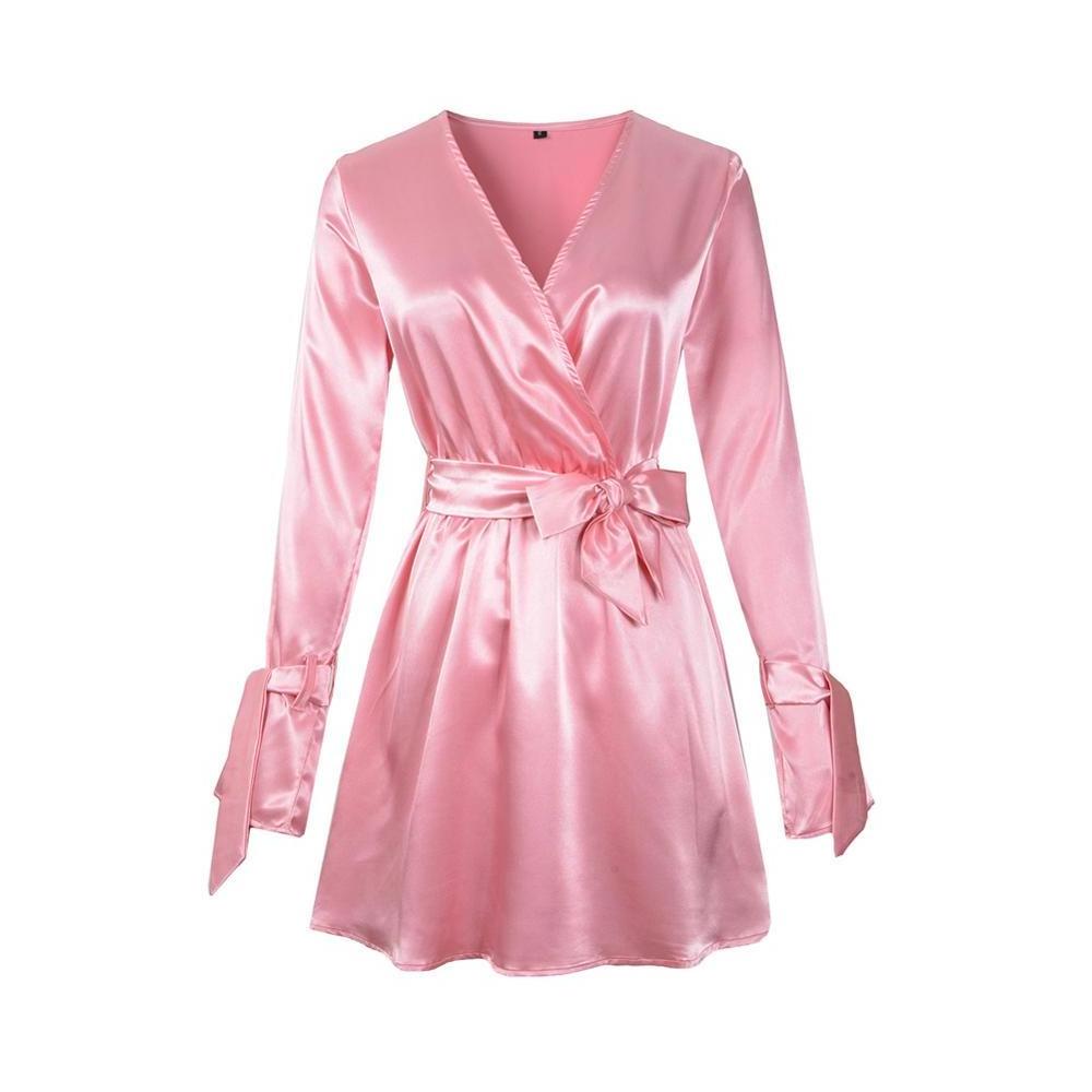 womens clothing satin dress plain elegant long sleeves short pink dress