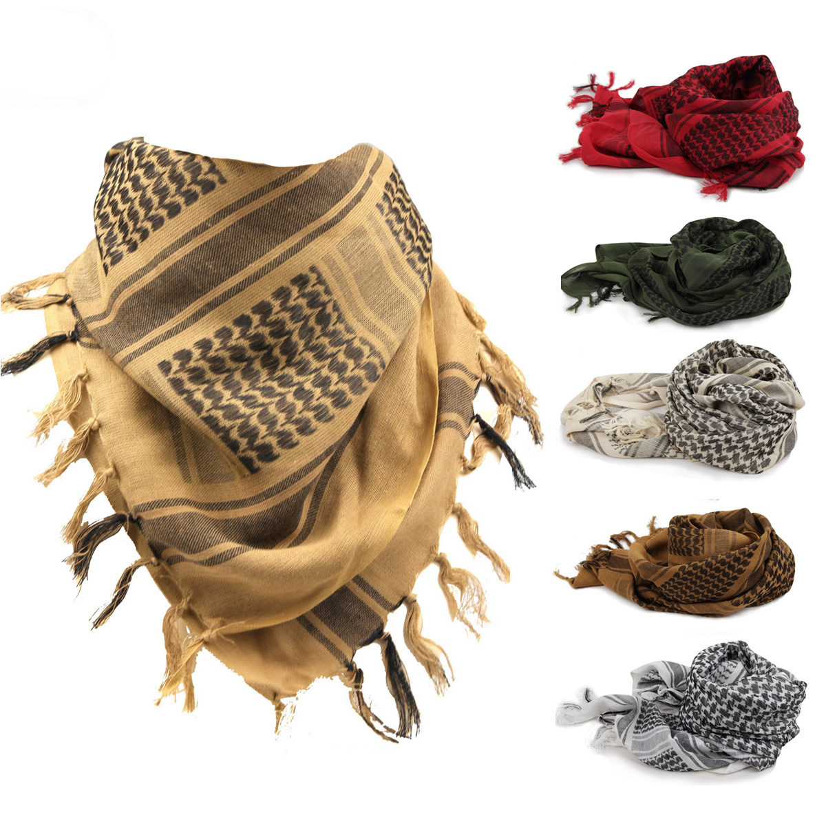 CCY 100% Cotton Tactical Shemagh Keffiyeh Arabic Hijab Palestine Scarf With Tassels Desert Tactical Headgear Neck Wrap Outdoor