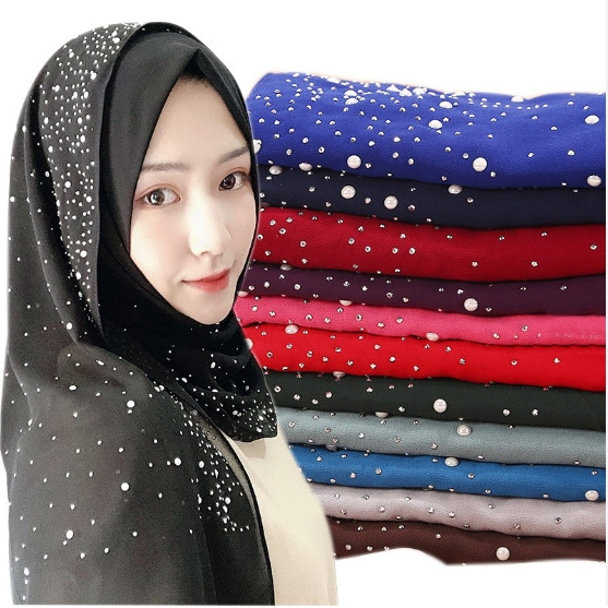 CCY Muslim Women Viscose Hijabs With Stone Latest Ethnic Prayer Headband Bubble Pearl Chiffon Rhinestone Hijab Headscarf Shawls