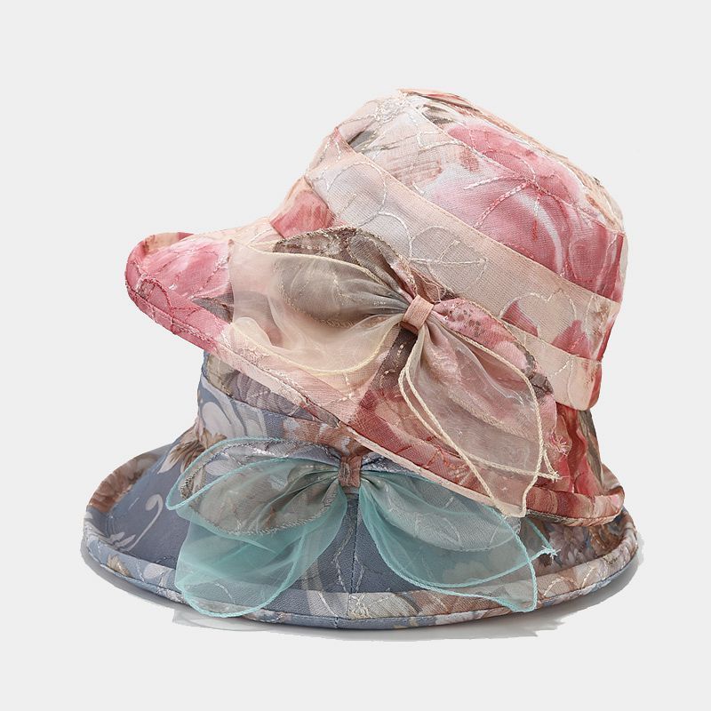 Wholesale Elegant Wedding Roll Up Brim Formal Church Derby Kentucky Ladies Women Bride Flower Party Organza Bucket Hat