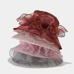 Summer Women's Beach Sun Lace Flower Floral Organza Church Kentucky Derby Fascinator Bridal Bucket Hat For Party Wedding