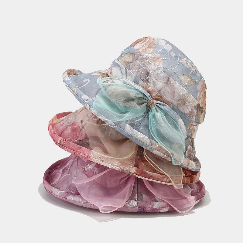 Wholesale Elegant Wedding Roll Up Brim Formal Church Derby Kentucky Ladies Women Bride Flower Party Organza Bucket Hat