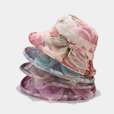 Wholesale Elegant Wedding Roll Up Brim Formal Church Derby Kentucky Ladies Women Bride Flower Party Organza Bucket Hat