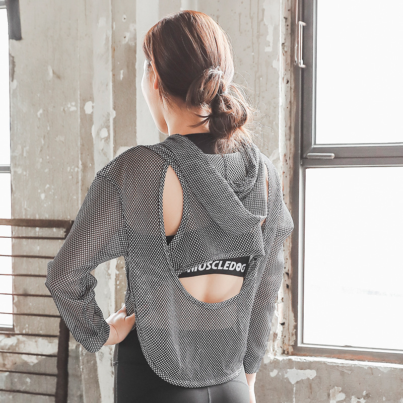 Wholesale Sports  fitness yoga clothes ladies tops women's fashion Quick-drying breathable mesh sexy Long sleeve mesh coat