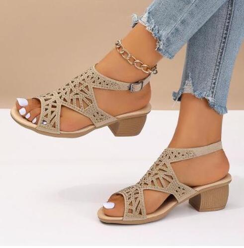 2024 Summer New sandals Shoes Thick Heel Hollow Fish Mouth High Heel Sandals for Women's