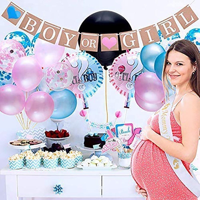 94 pcs Gender Reveal Party Supplies Boy or Girl Kit favors Confetti Reveal Balloons Banner Photo Props sash sticker