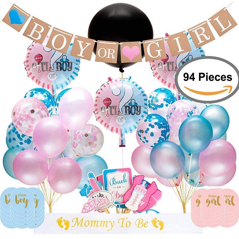 94 pcs Gender Reveal Party Supplies Boy or Girl Kit favors Confetti Reveal Balloons Banner Photo Props sash sticker