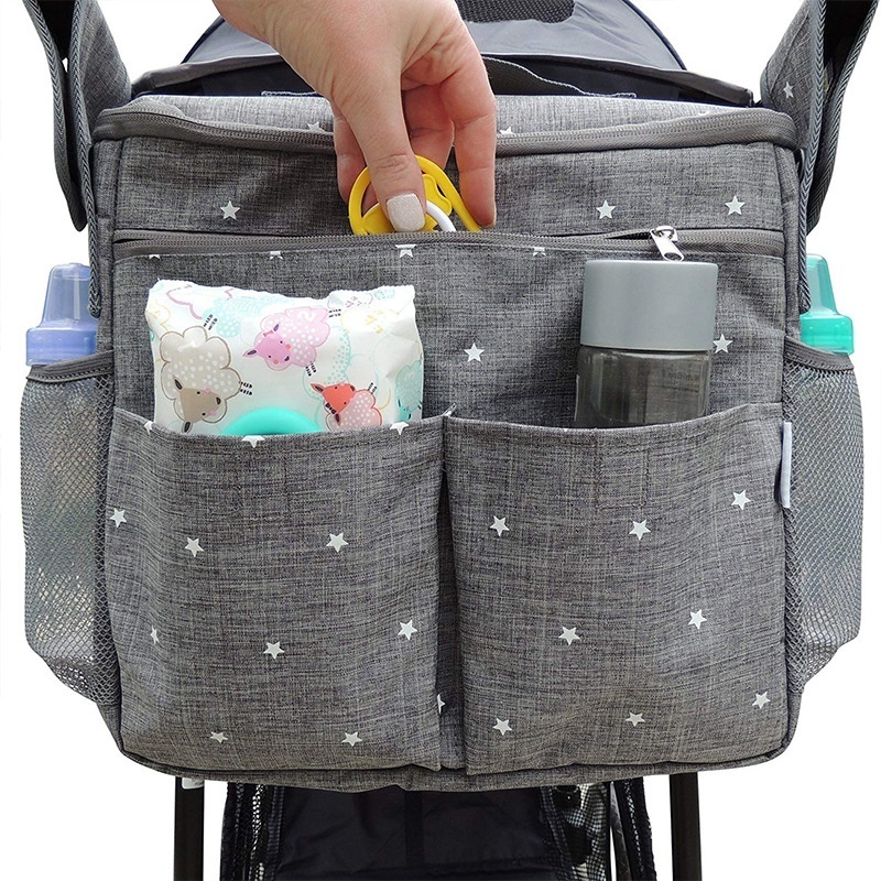 Baby Stroller Organizer with Insulated Cup Holders Diaper Storage Secure Straps Pockets Diaper Bag