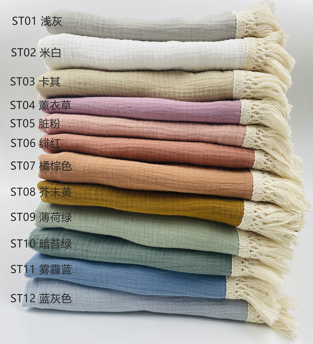 Soft Cotton Solid Wrap Neutral Tassels Blanket Baby Comforter Muslin Receiving Blanket with Fringe