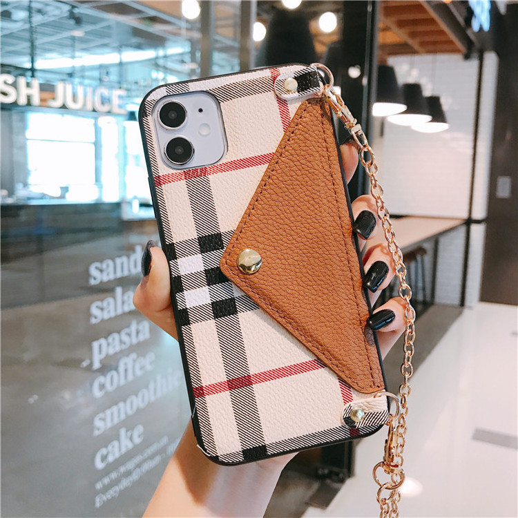 Cross-border lattice plaid card shell with chain mobile phone case for phone12 card shell phone shell