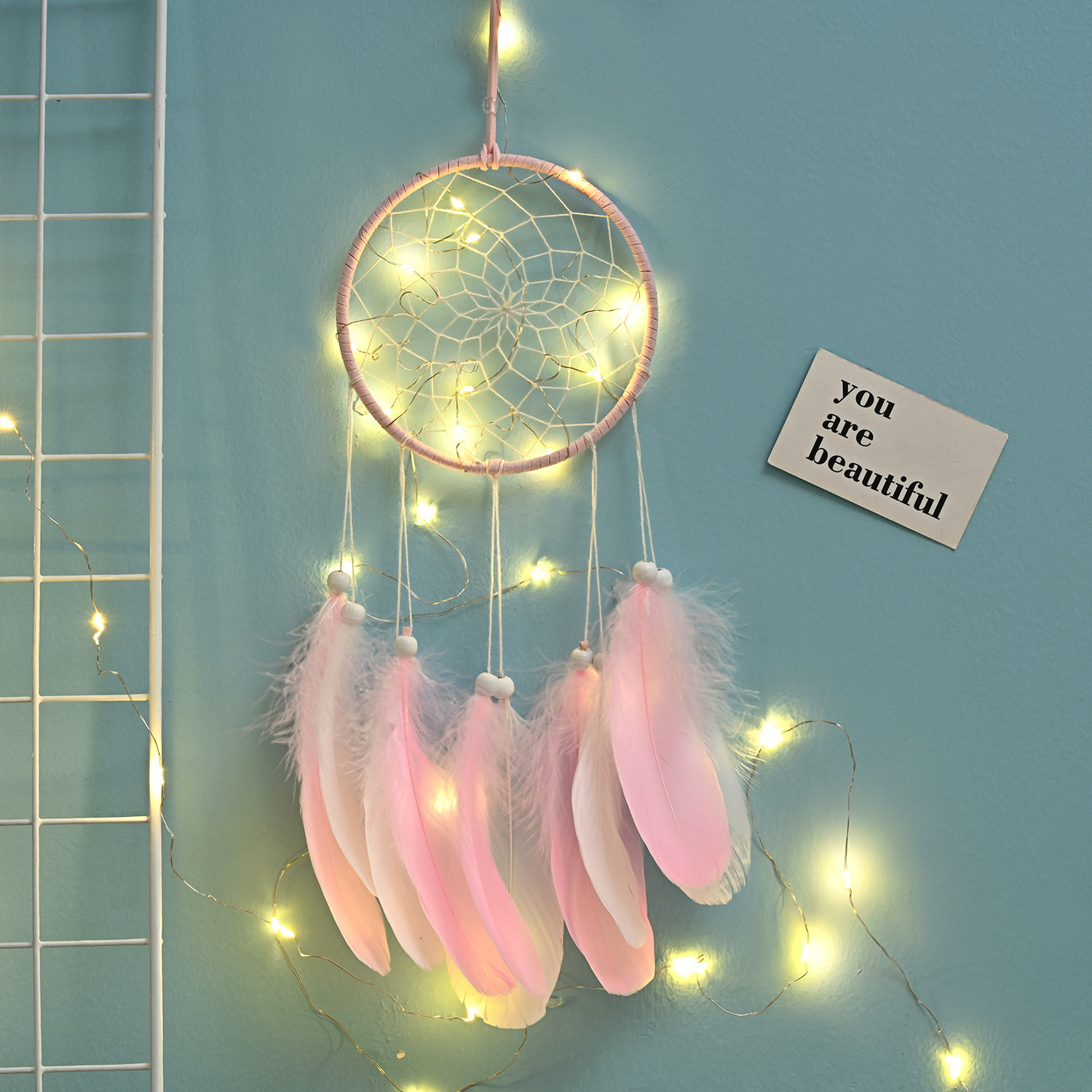 2022 Handmade Wall Decor with Lights Home Ornaments Craft Gift for Bedroom Fancy Feather Dream Catcher dreamcatcher for Girls