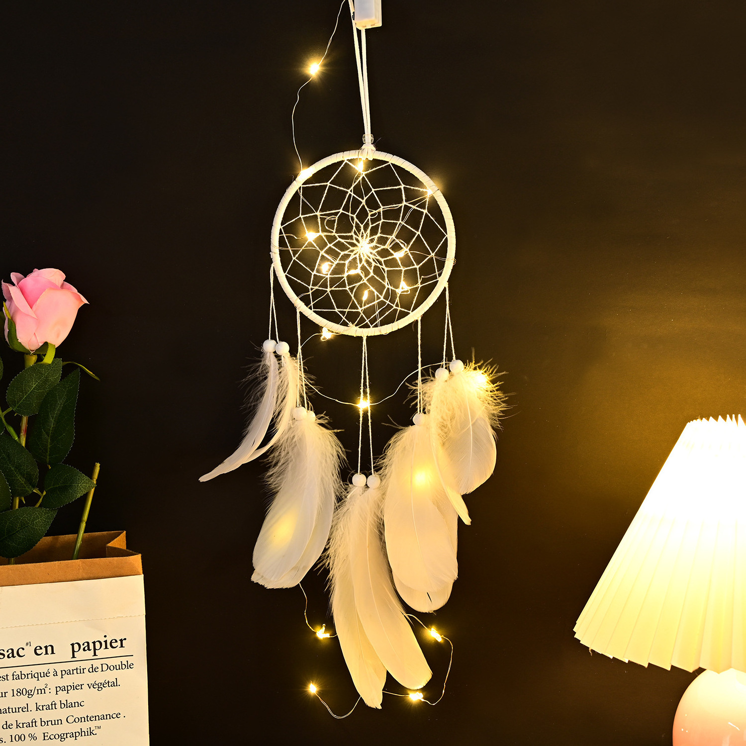 2022 Handmade Wall Decor with Lights Home Ornaments Craft Gift for Bedroom Fancy Feather Dream Catcher dreamcatcher for Girls