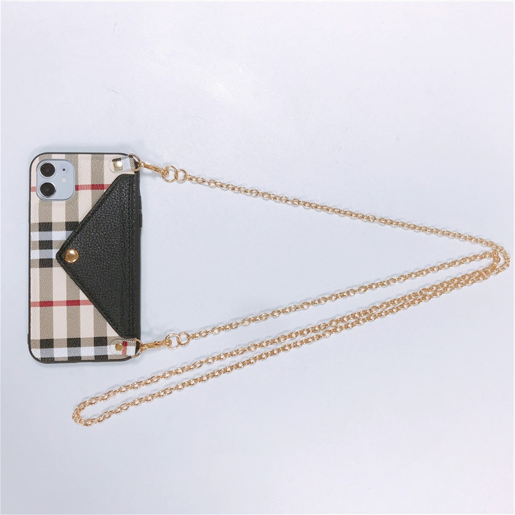 Cross-border lattice plaid card shell with chain mobile phone case for phone12 card shell phone shell