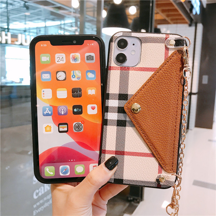 Cross-border lattice plaid card shell with chain mobile phone case for phone12 card shell phone shell