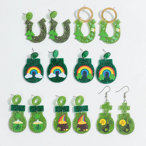 New green hat Holiday jewelry Glitter Cloud pipe Rainbow light bulb Fun four-leaf clover acrylic earrings for St. Patrick's Day