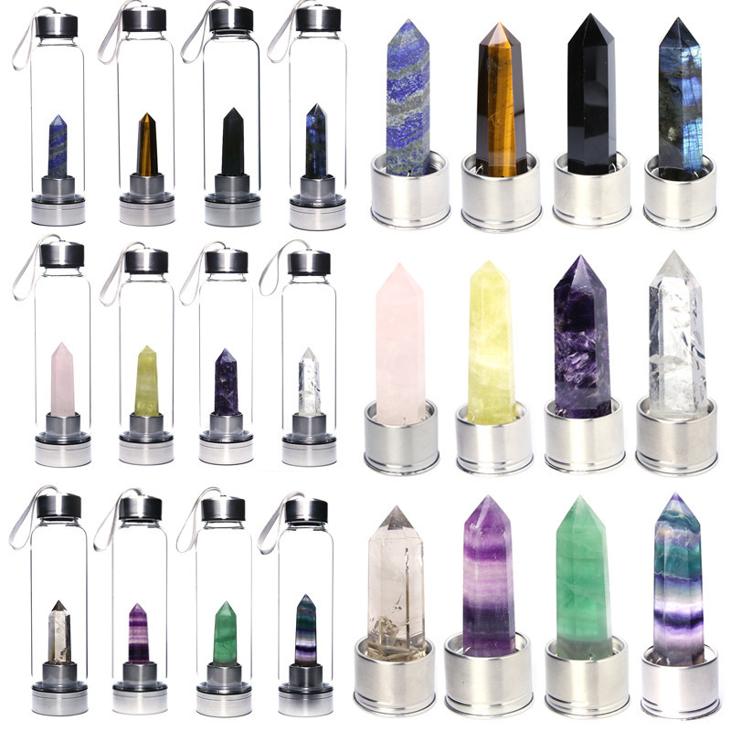 304 Stainless steel glass bottle natural Crystal stone energy quartz hexagon prism point towel water bottle cup