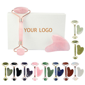 Natural Stone Rose Quartz Amethyst Jade Roller with Scrapping Plate Set Jade Face Jade Roller Massage Stick Beauty Tools