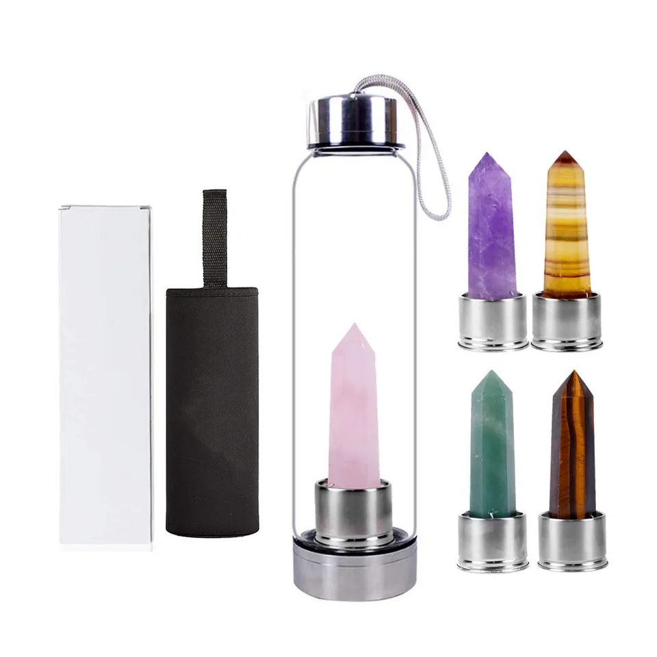 304 Stainless steel glass bottle natural Crystal stone energy quartz hexagon prism point towel water bottle cup