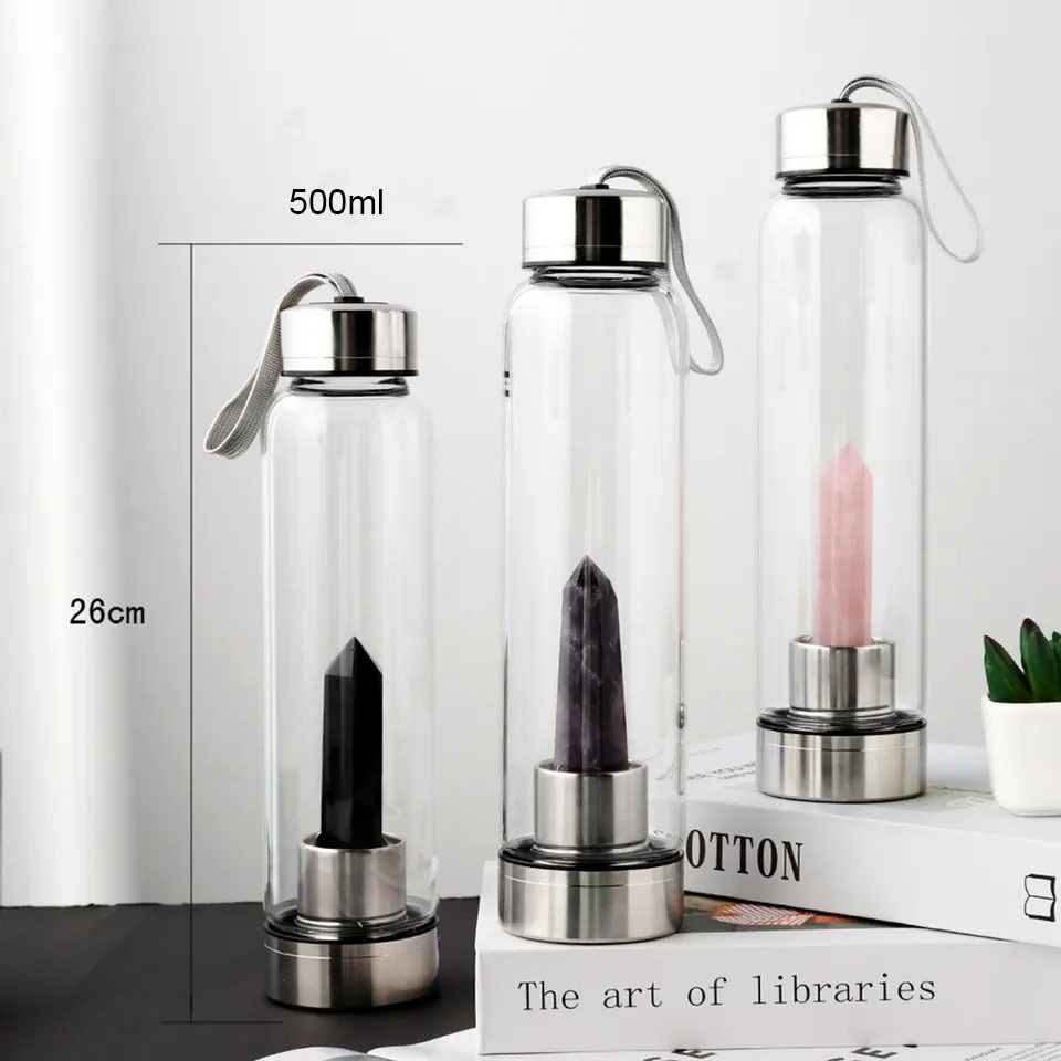 304 Stainless steel glass bottle natural Crystal stone energy quartz hexagon prism point towel water bottle cup