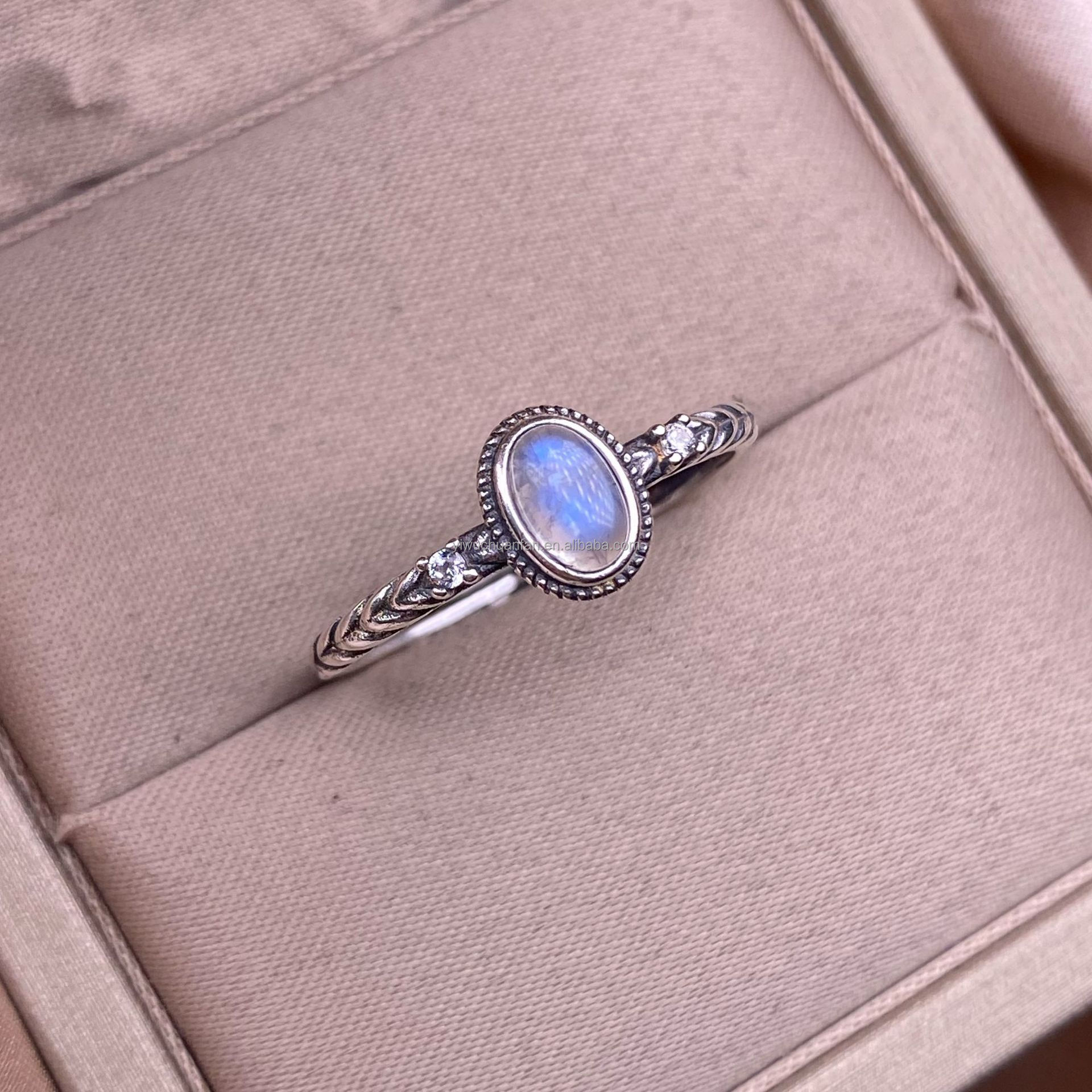 S925 Sterling Silver Natural Blue Moonstone Ring for Women Crystal Quartz Gemstone Adjustable ring Jewelry