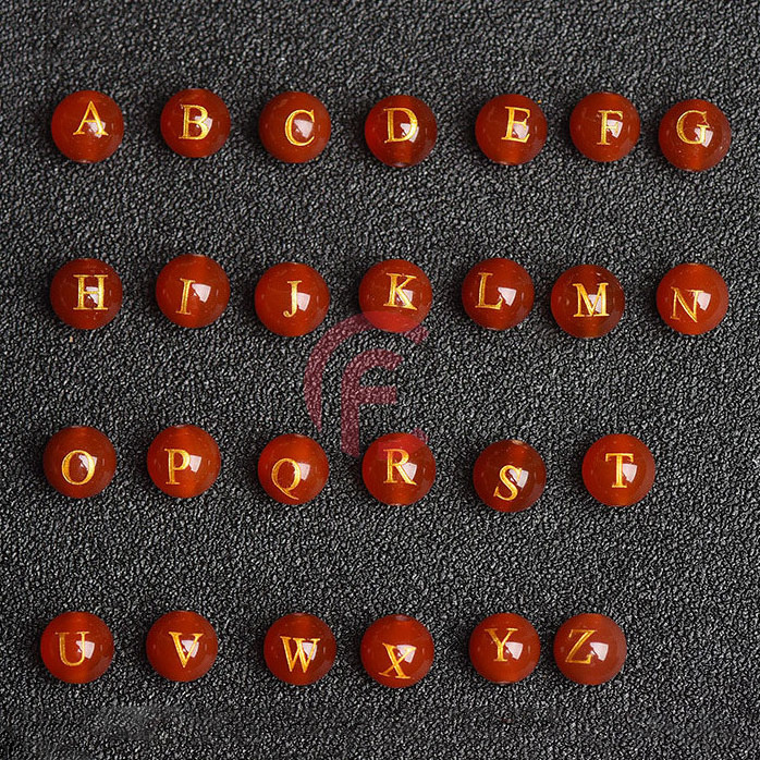 Wholesale 8mm 10mm natural stone red carnelian gilding carving 26 letters crystal red agate loose beads for DIY Jewelry Making