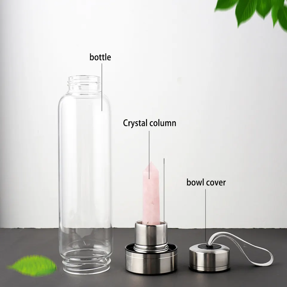 304 Stainless steel glass bottle natural Crystal stone energy quartz hexagon prism point towel water bottle cup