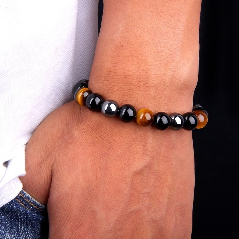 Wholesale Natural Stone Charm Energy Obsidian Hematite Tiger Eye Black Agate Crystal Beads Bracelet for Men Women Unisex