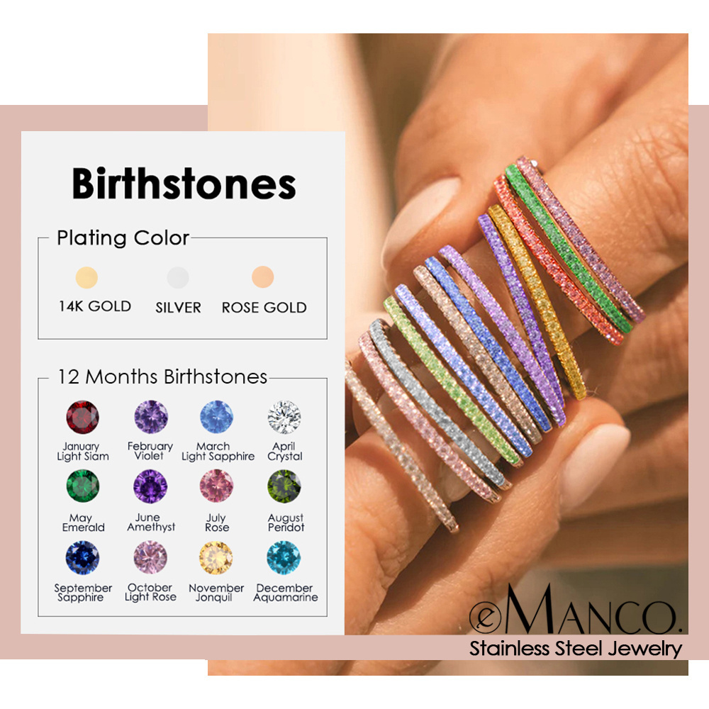 eManco Colored Rhinestone Birthstone Stainless Steel Ring Stackable 12 Zodiac Rings For Women Wedding Anniversary Gift Wholesale