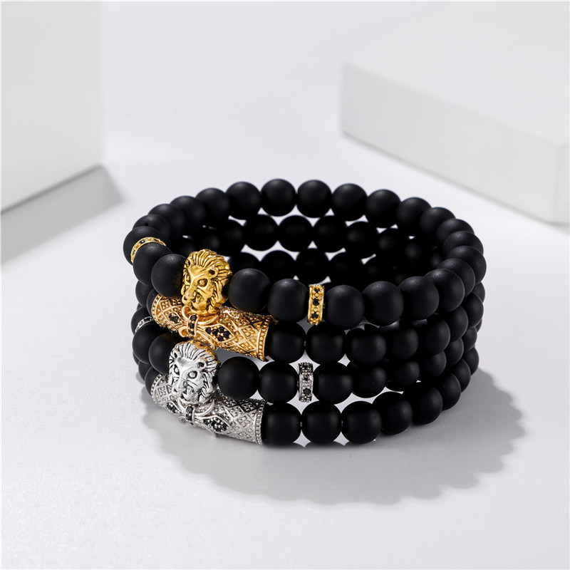 Classic 2pc/Set Stretch Black Natural Stone Beaded Bracelet Mens Pave Zircon CZ Ball Skull Lion Charms Bracelets Jewelry Set