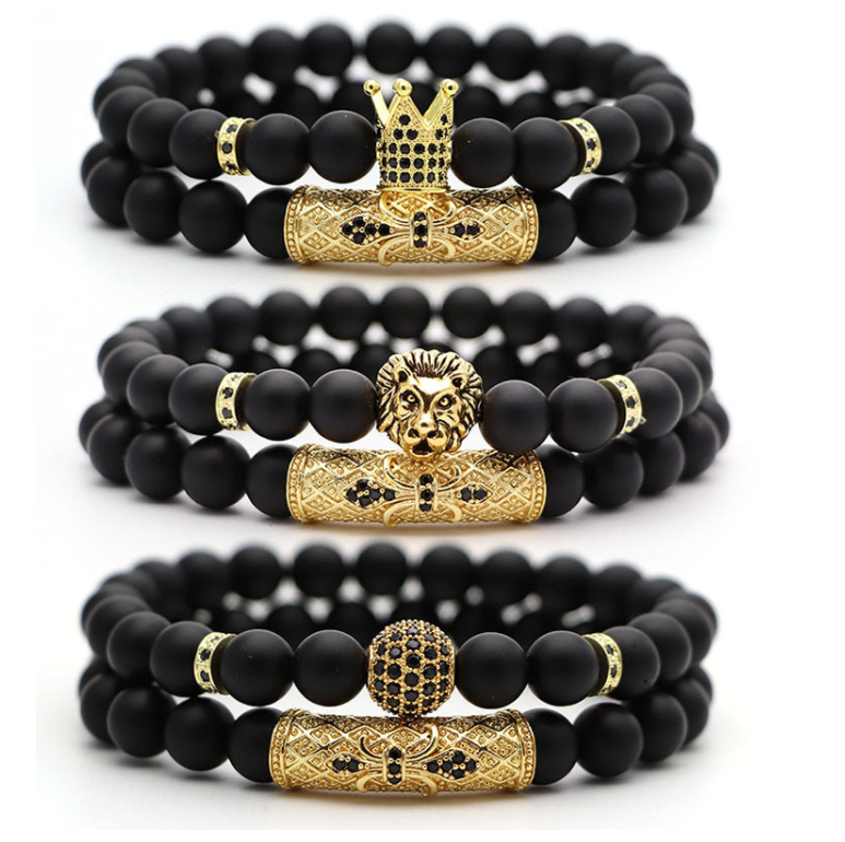 Classic 2pc/Set Stretch Black Natural Stone Beaded Bracelet Mens Pave Zircon CZ Ball Skull Lion Charms Bracelets Jewelry Set