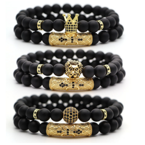 Classic 2pc/Set Stretch Black Natural Stone Beaded Bracelet Mens Pave Zircon CZ Ball Skull Lion Charms Bracelets Jewelry Set