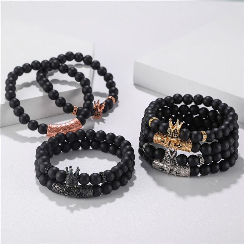 Classic 2pc/Set Stretch Black Natural Stone Beaded Bracelet Mens Pave Zircon CZ Ball Skull Lion Charms Bracelets Jewelry Set