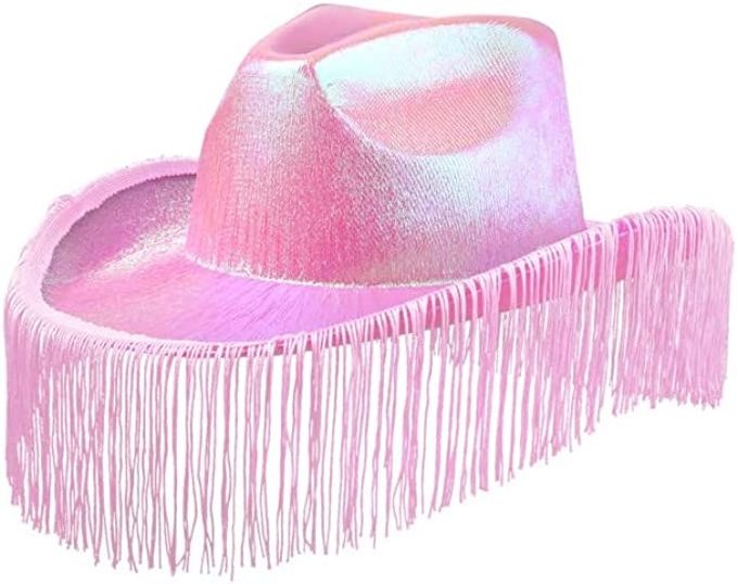 Pink Cowgirl Hat for Women - Neon Cowboy Hats with Fringe Holographic Glitter Costume for Disco Western Dance Party