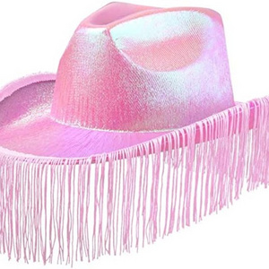 Pink Cowgirl Hat for Women - Neon Cowboy Hats with Fringe Holographic Glitter Costume for Disco Western Dance Party