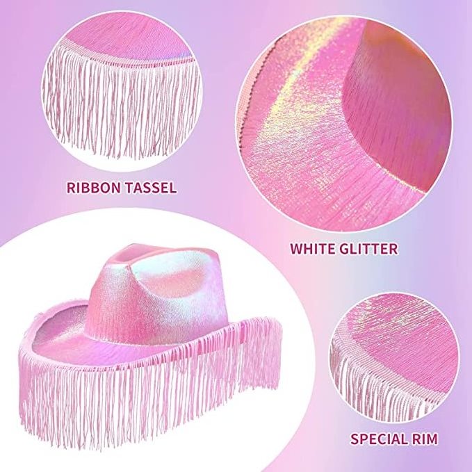 Pink Cowgirl Hat for Women - Neon Cowboy Hats with Fringe Holographic Glitter Costume for Disco Western Dance Party