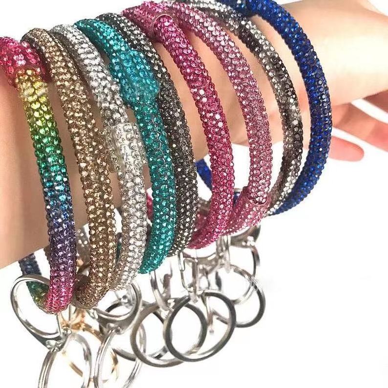 Hot Selling Shiny Wrist Bracelet Keychain Crystal Beads Rainbow Wristband Glitter Rhinestone Wristlet Keychain for Women Girls