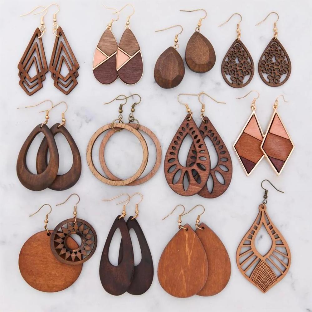 High quality large wood earrings jewelry custom hollow out wooden earring