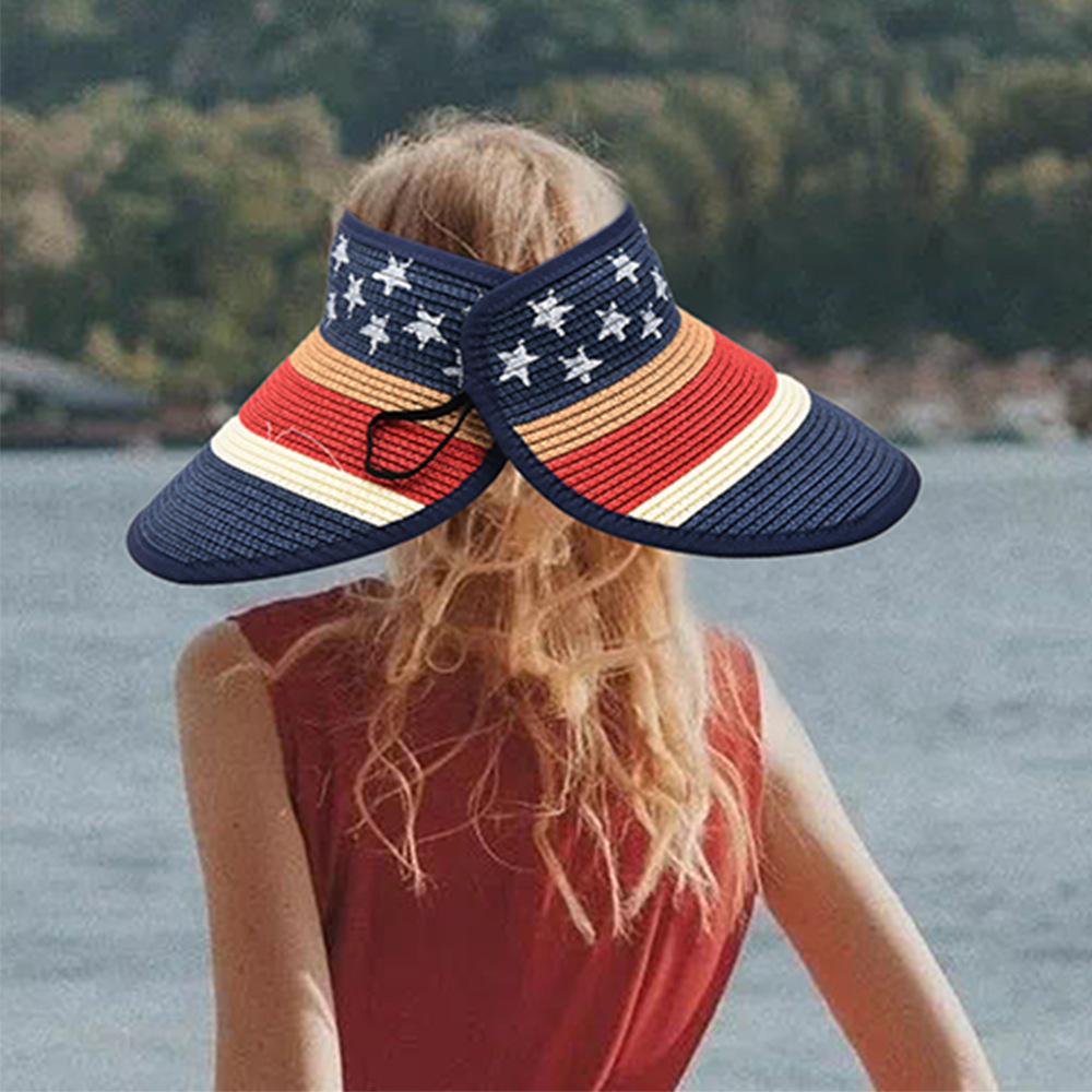 2024 New Summer Beach Straw Hat Independence Day American Flag Bow Sun Visor Beach Garden Rollable Foldable Travel Straw Hat