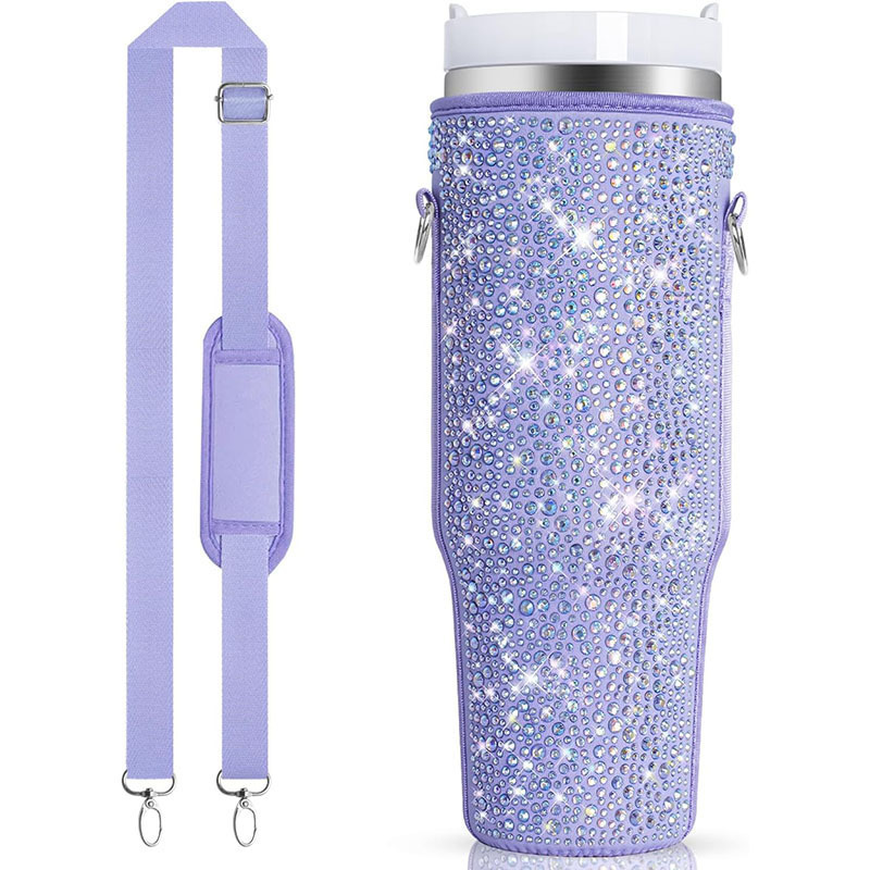 New arrival rhinestone 40oz tumbler cup holder sling neoprene Sling Holder Bag with adjustable strap