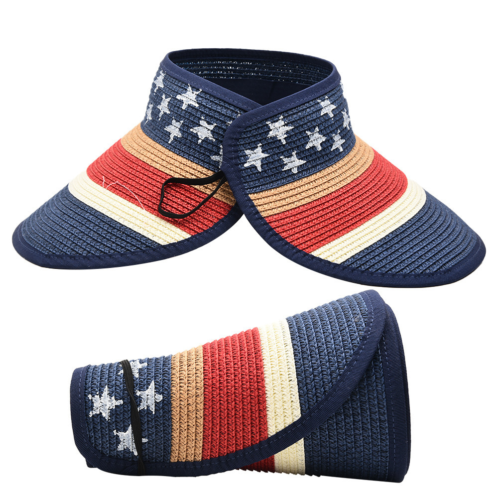 2024 New Summer Beach Straw Hat Independence Day American Flag Bow Sun Visor Beach Garden Rollable Foldable Travel Straw Hat