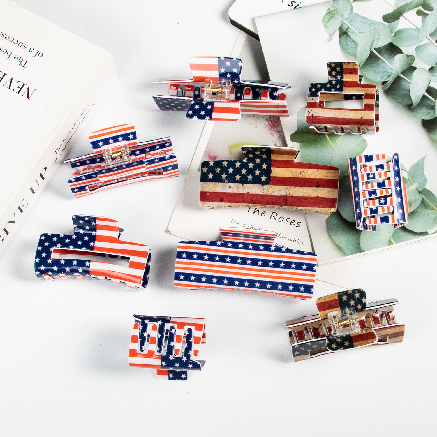 New Arrival  Independence Day Gift 10cm Large American Flag Printed Hollowed Rectangular Hair Claw Clips