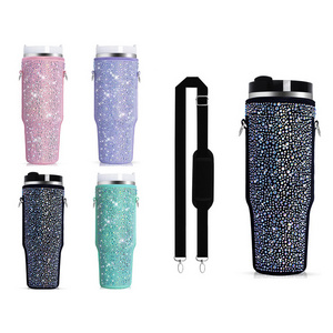 New arrival rhinestone 40oz tumbler cup holder sling neoprene Sling Holder Bag with adjustable strap