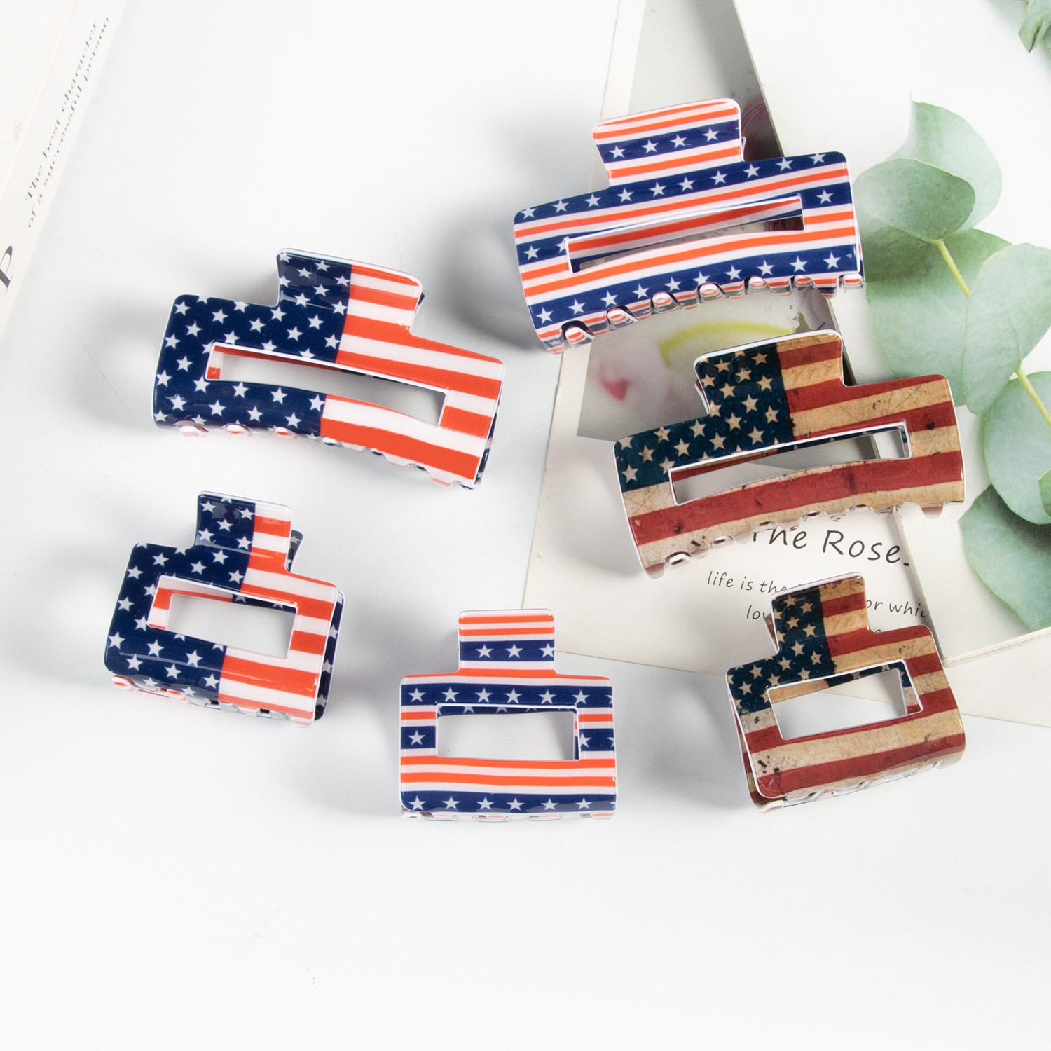 New Arrival  Independence Day Gift 10cm Large American Flag Printed Hollowed Rectangular Hair Claw Clips