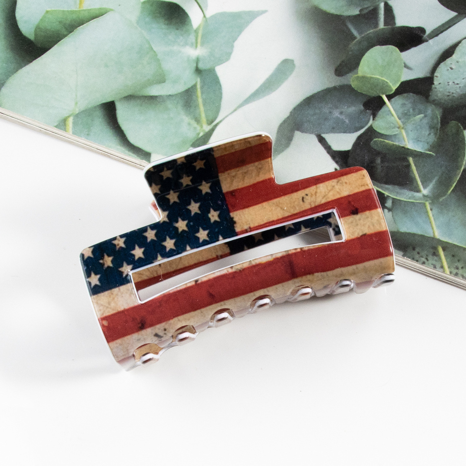 New Arrival  Independence Day Gift 10cm Large American Flag Printed Hollowed Rectangular Hair Claw Clips