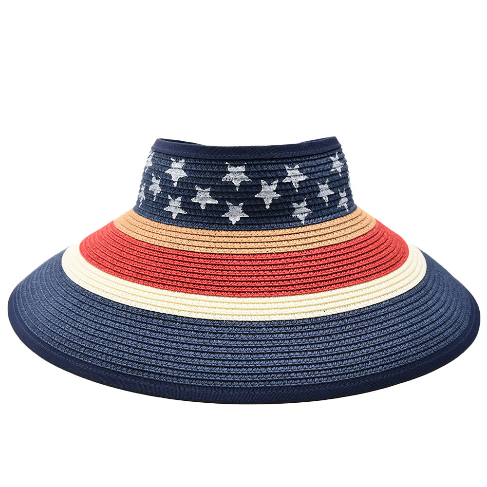 2024 New Summer Beach Straw Hat Independence Day American Flag Bow Sun Visor Beach Garden Rollable Foldable Travel Straw Hat