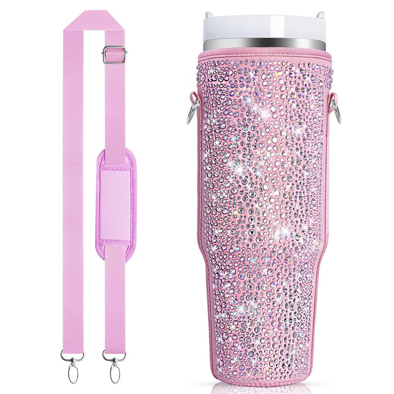 New arrival rhinestone 40oz tumbler cup holder sling neoprene Sling Holder Bag with adjustable strap