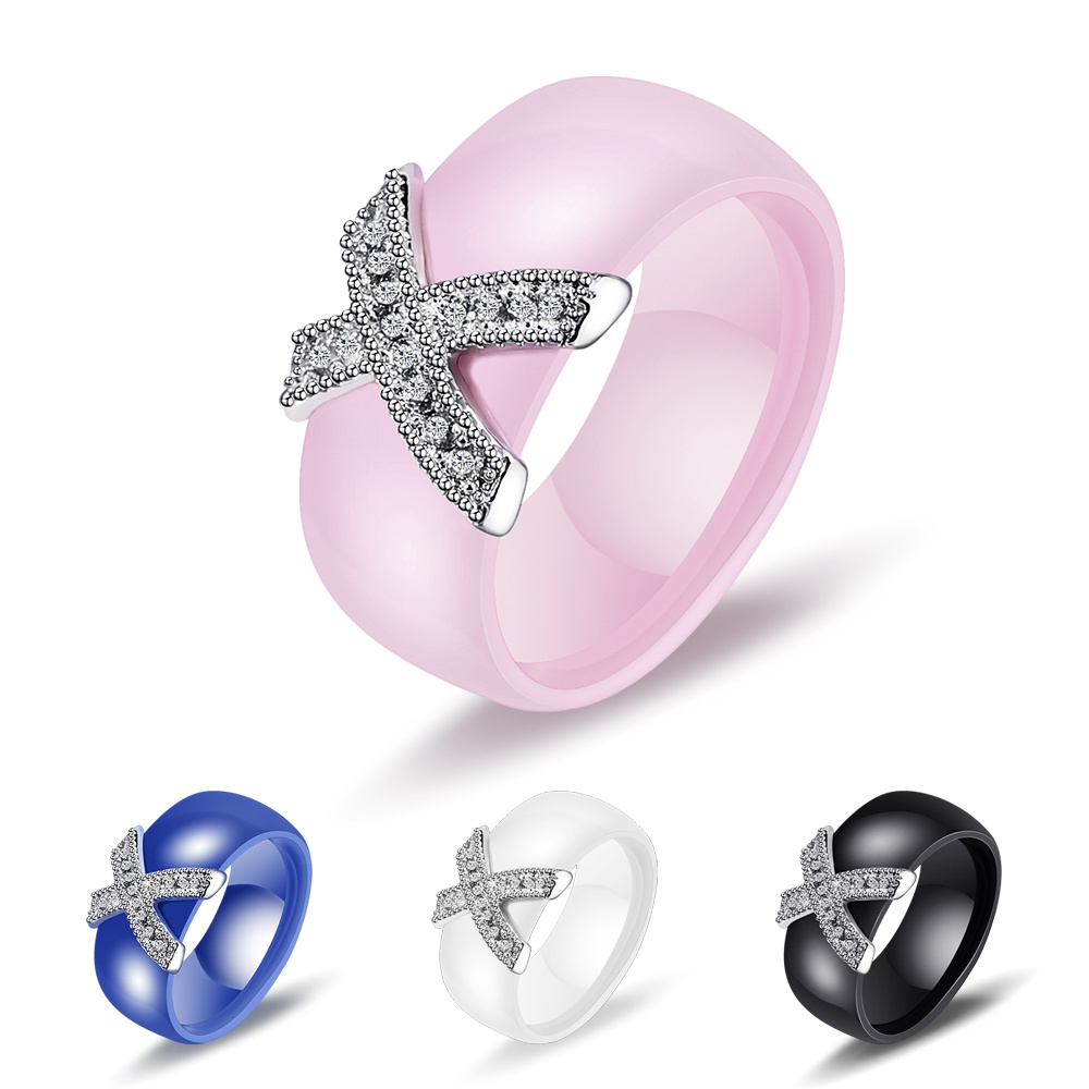 Fashion Fine Jewelry 8 mm Ceramic Rings Women Crystal Cross Design Wedding O Ring Gift Ceramic Rings For Women