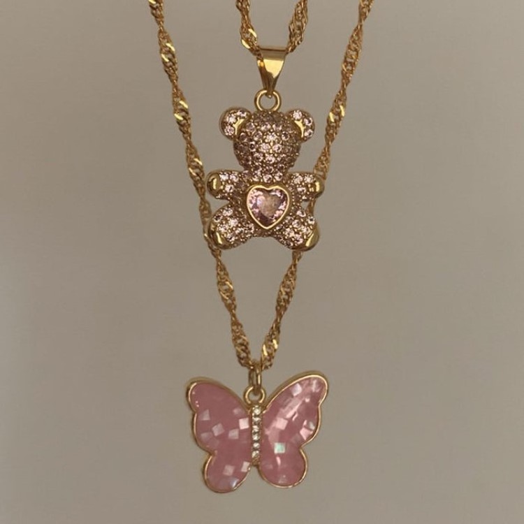 Non Tarnish Stainless Steel 18K Gold Quality Collection CZ Shell Flower Butterfly Pink Cross Wings Bear Necklace for Girl Women