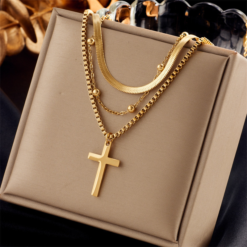 Fashionable Geometric Acero Inoxidable Collar Women's Double Layer  Pearl Chain 18k Gold Plated Love Cross Charm Necklaces